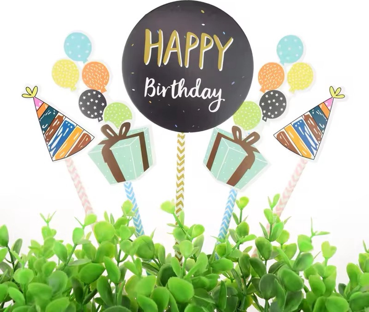 Feest Taart Topper - 7 -Delig - Happy Birthday - Ballonnen - Feestmuts - Cadeau - Taart Versiering - Verjaardag Versiering - Taart Decoratie - Kinderfeestje - Toppers - Taarttopper - Cake Topper - Voor Jongens en Meisjes